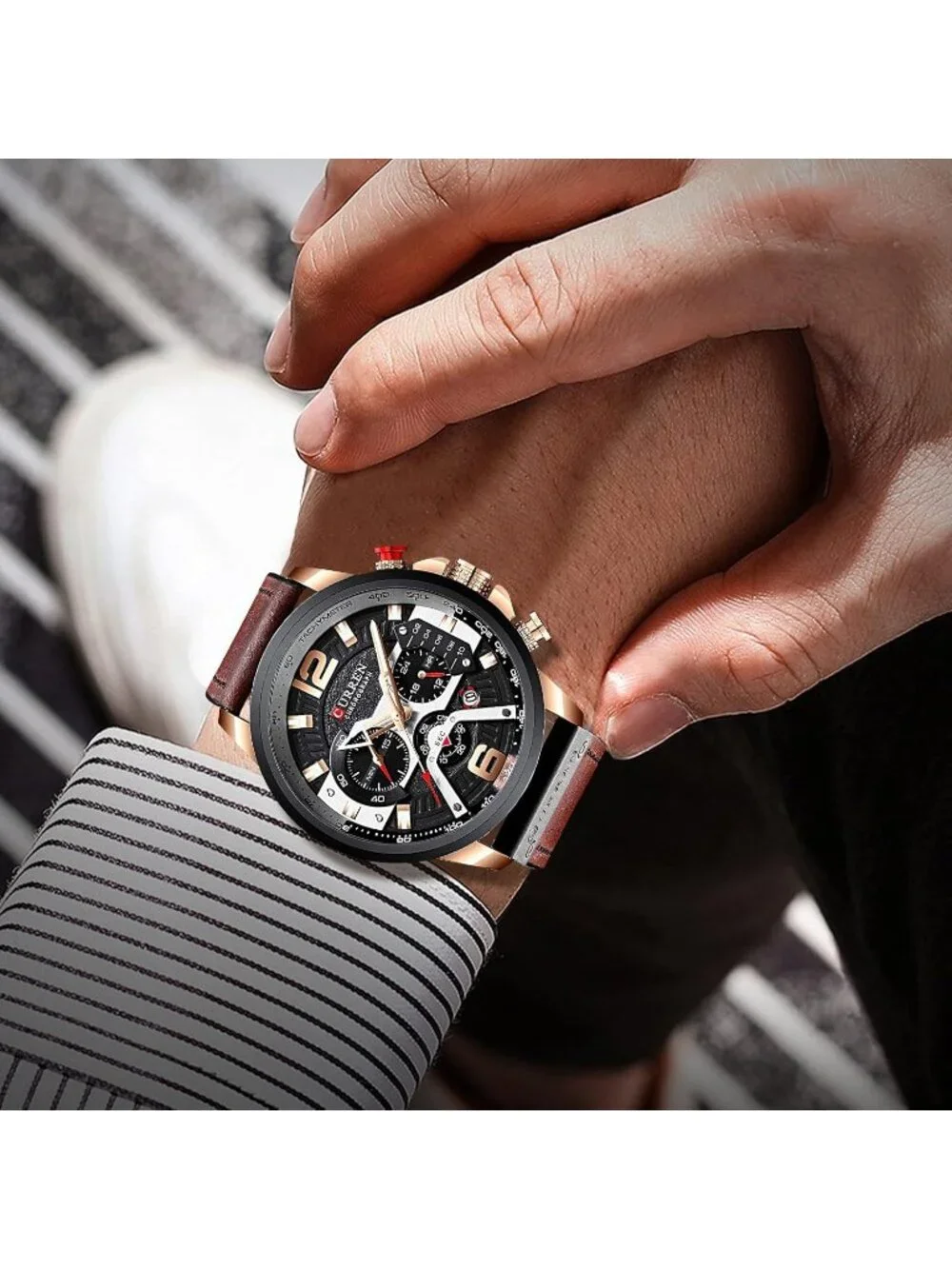 Men's Brown Rose Gold Analog Waterproof Leather Strap Chronograph Luxury Watch